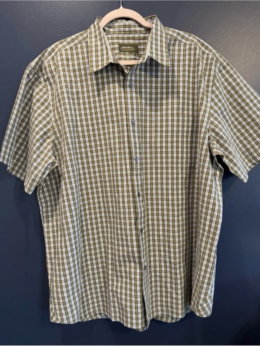 Eddie Bauer Olive & White Plaid Short Sleeve Button-Up Collared Shirt